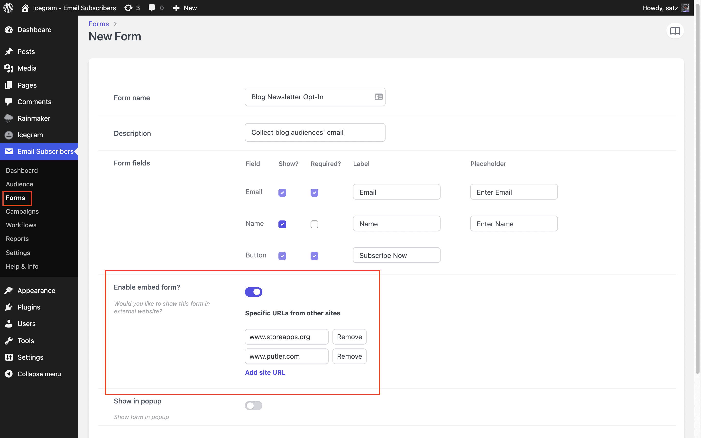 Icegram Embed form